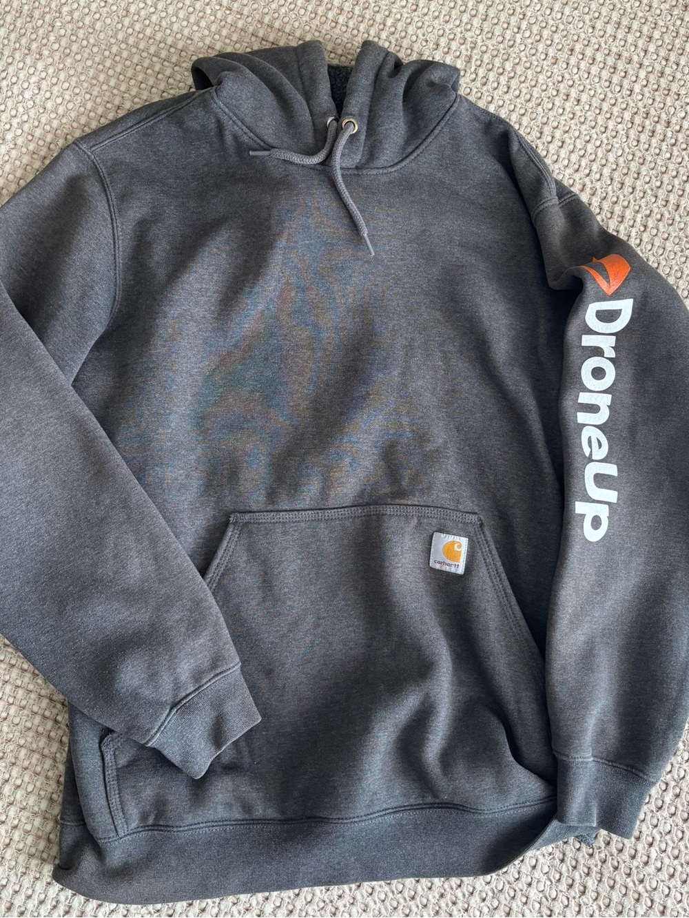 Carhartt Men's Dark Gray Hoodie with White and Orange Sleeve Logo